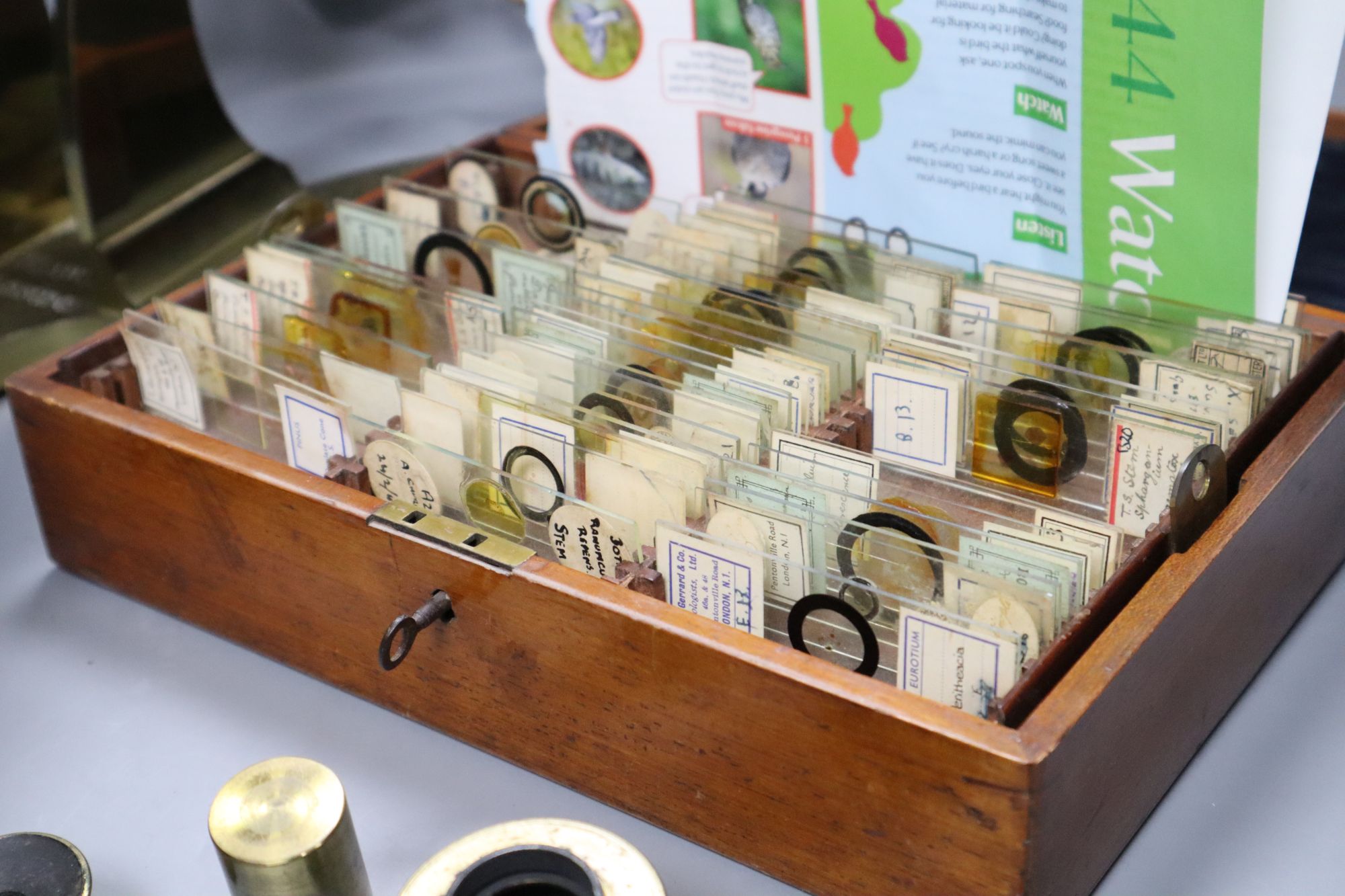 A Hawes of London large brass microscope and box of Victorian and late microscope slides